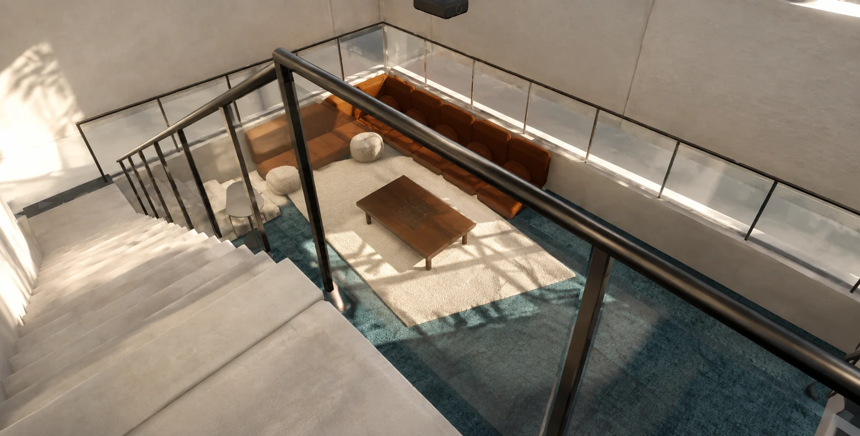 Architectural visualization looking down from the high walk through the vaulted commons