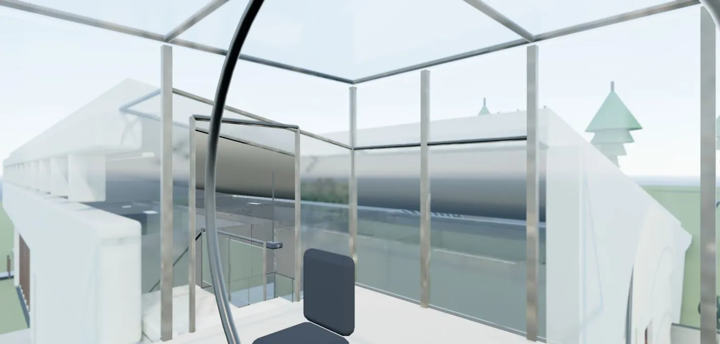 Accepted Blender model view inside the occupied glass-roofed tower