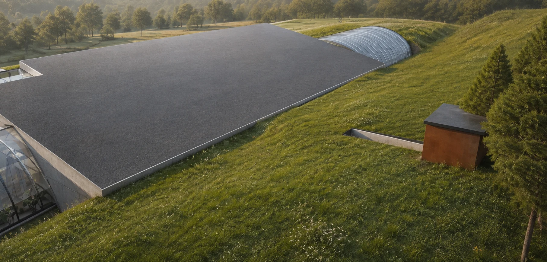 Architectural visualization of the grassy north hillock meeting the earth-contact walls without gaps